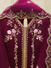 3 Piece- Pure Embroidered Sheesha Silk Suit S112927
