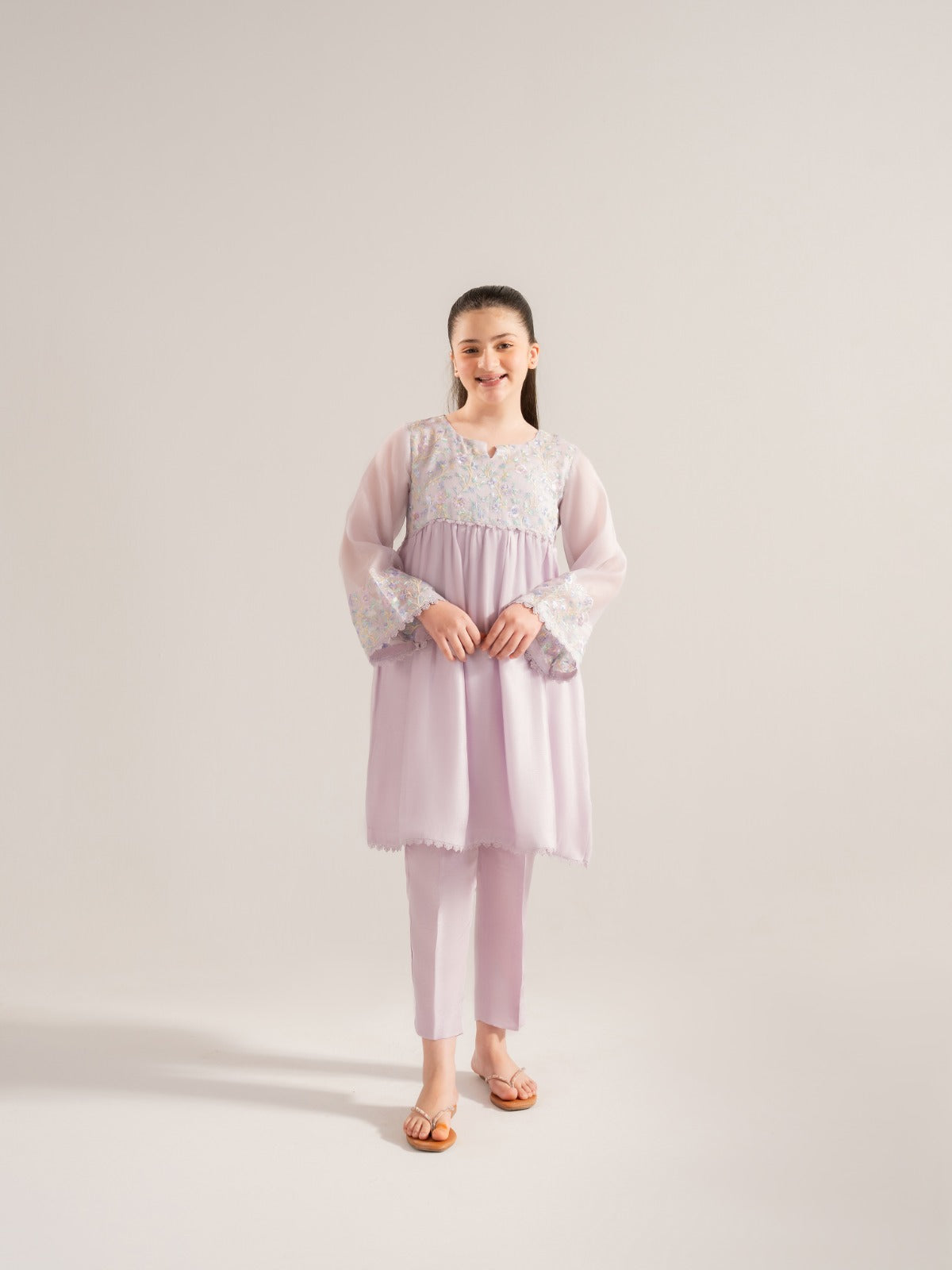 (Kids) 2 Piece - Embroidered Cotton Net Suit KD-019