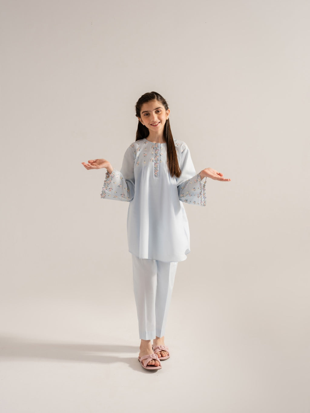 (Kids) 2 Piece - Embroidered Cambric Frock KD-014