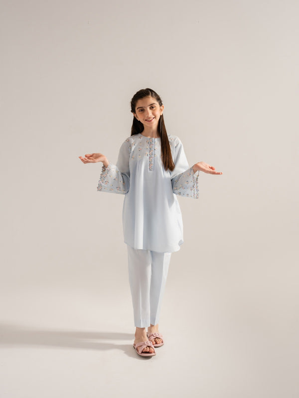 (Kids) 2 Piece - Embroidered Cambric Frock KD-014