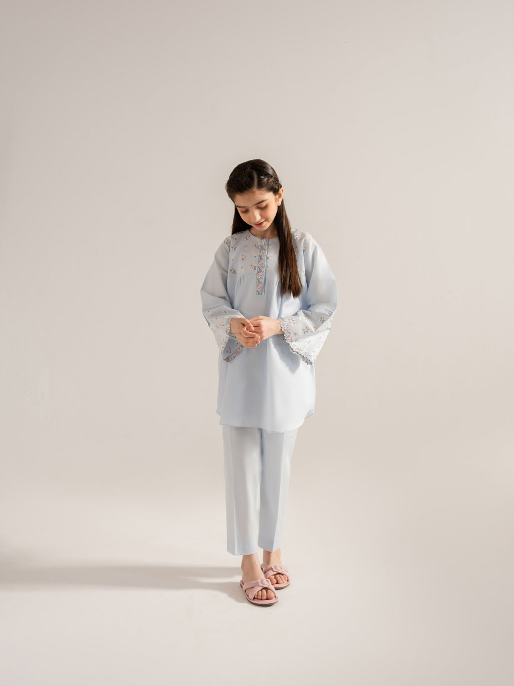 (Kids) 2 Piece - Embroidered Cambric Frock KD-014