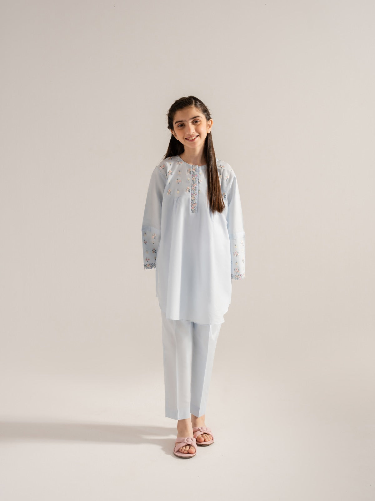 (Kids) 2 Piece - Embroidered Cambric Frock KD-014 Main image