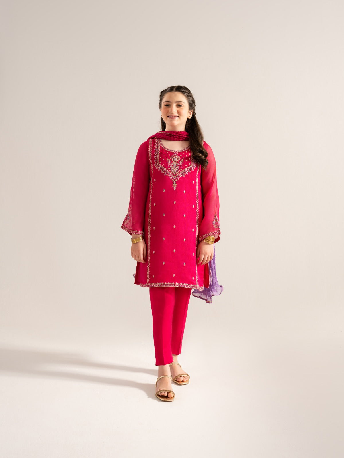 (Kids) 3 Piece - Embroidered Cotton Net Suit KD-024