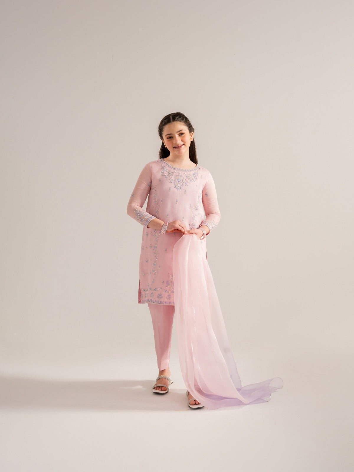 (Kids) 3 Piece - Embroidered Cotton Net Suit KD-022 Main image