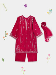 (Kids) 3 Piece - Embroidered Cotton Net Suit FKD-077