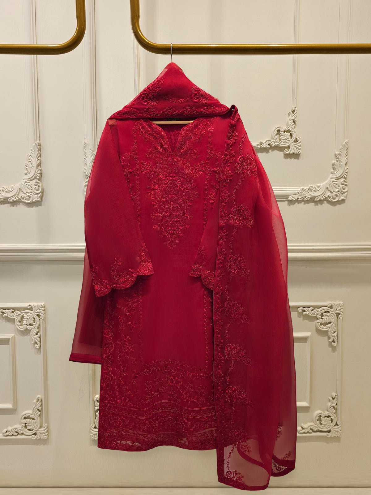 3 Piece - Pure Organza Embroidered Suit S112371