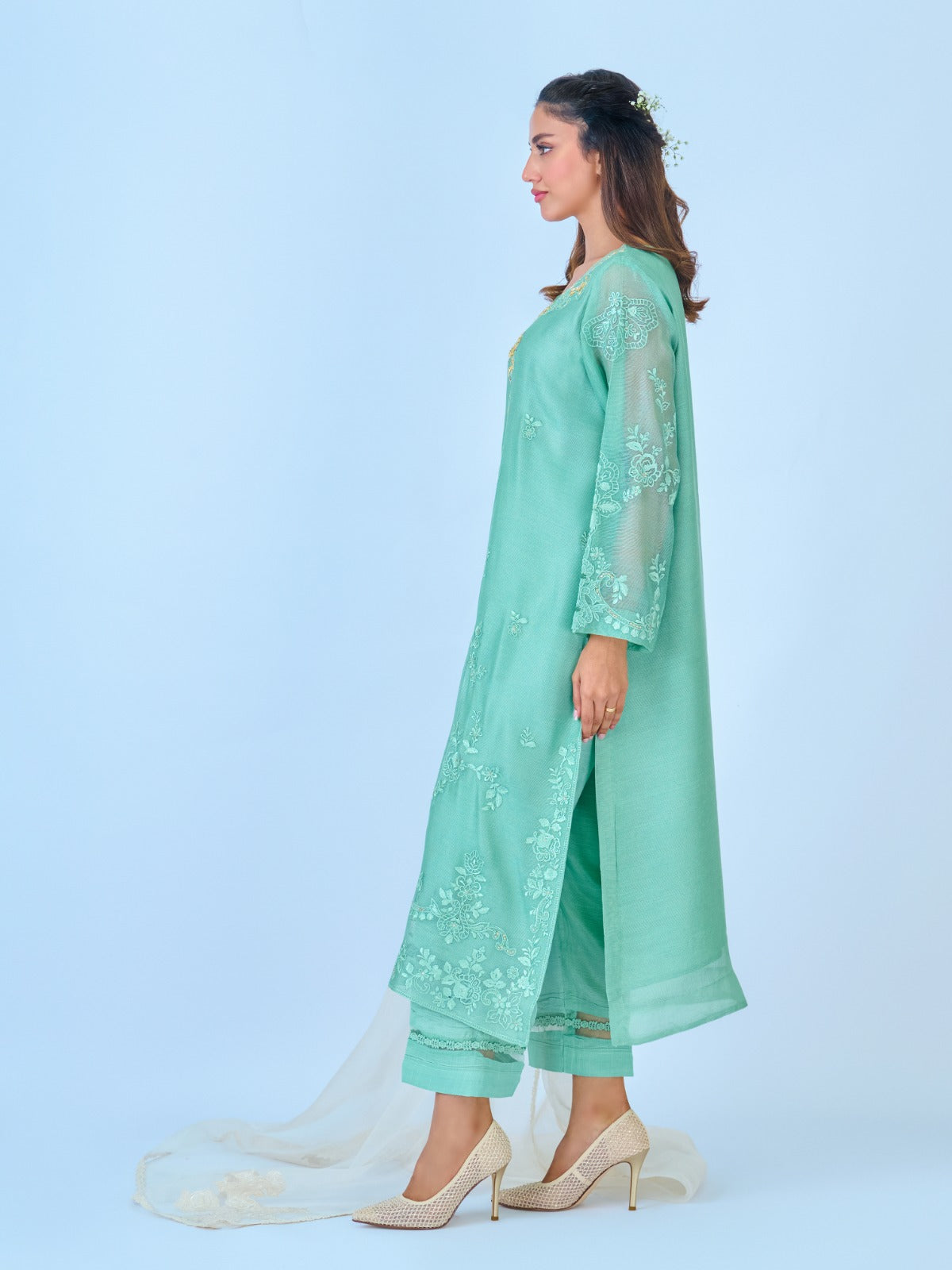 (PR) -3 Piece - Pure Cotton Net Embroidered Suit S109783