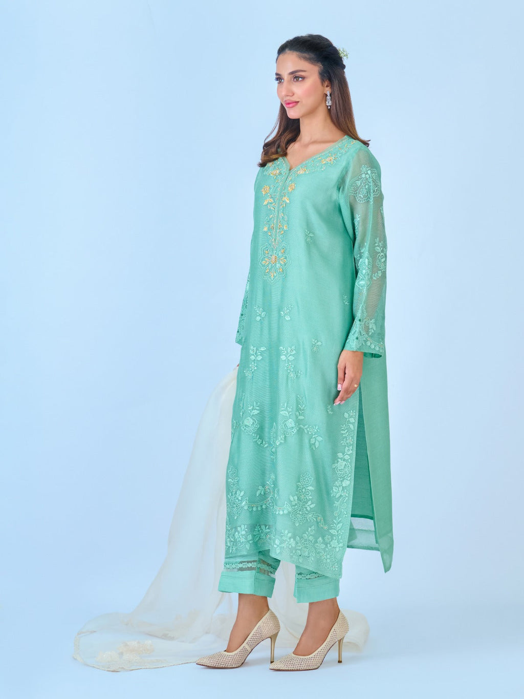 (PR) -3 Piece - Pure Cotton Net Embroidered Suit S109783
