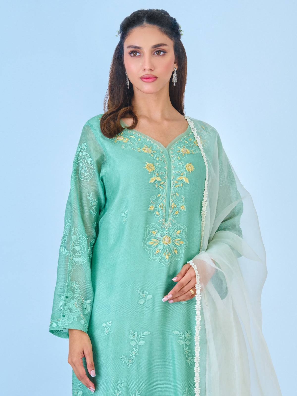 (PR) -3 Piece - Pure Cotton Net Embroidered Suit S109783
