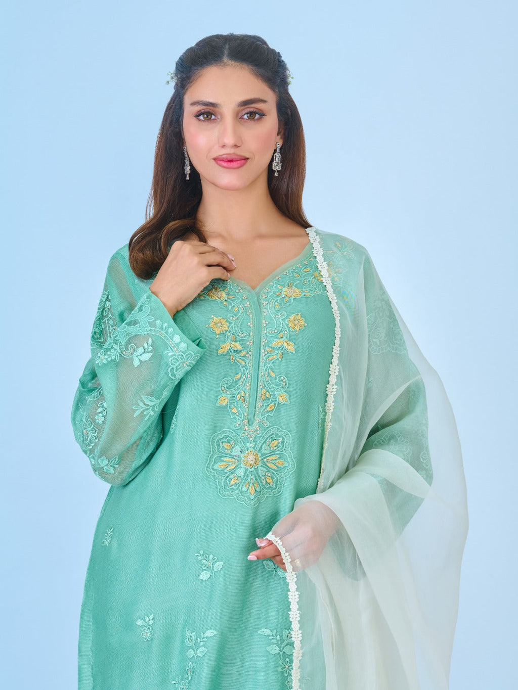 (PR) -3 Piece - Pure Cotton Net Embroidered Suit S109783