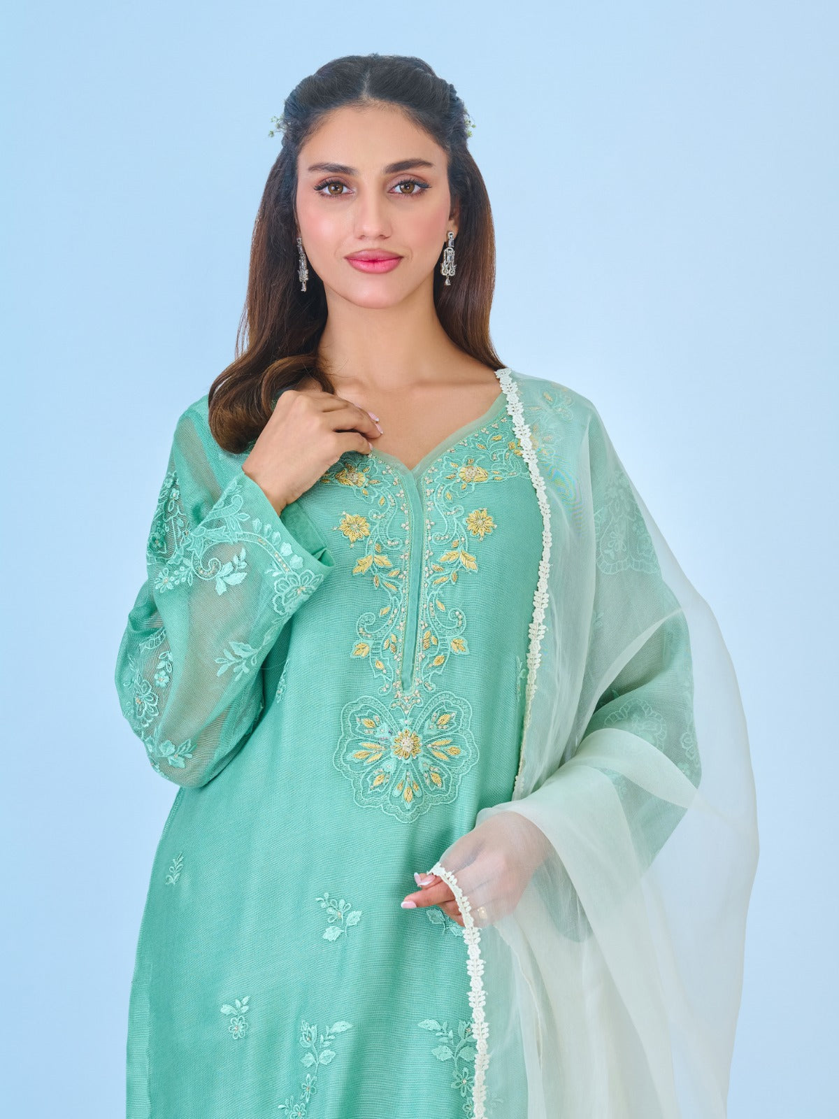 (PR) -3 Piece - Pure Cotton Net Embroidered Suit S109783