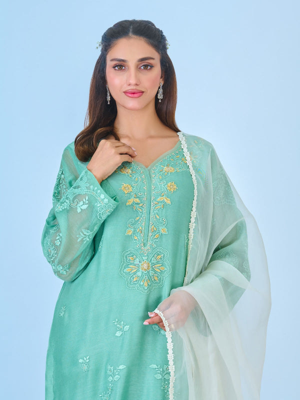 (PR) -3 Piece - Pure Cotton Net Embroidered Suit S109783