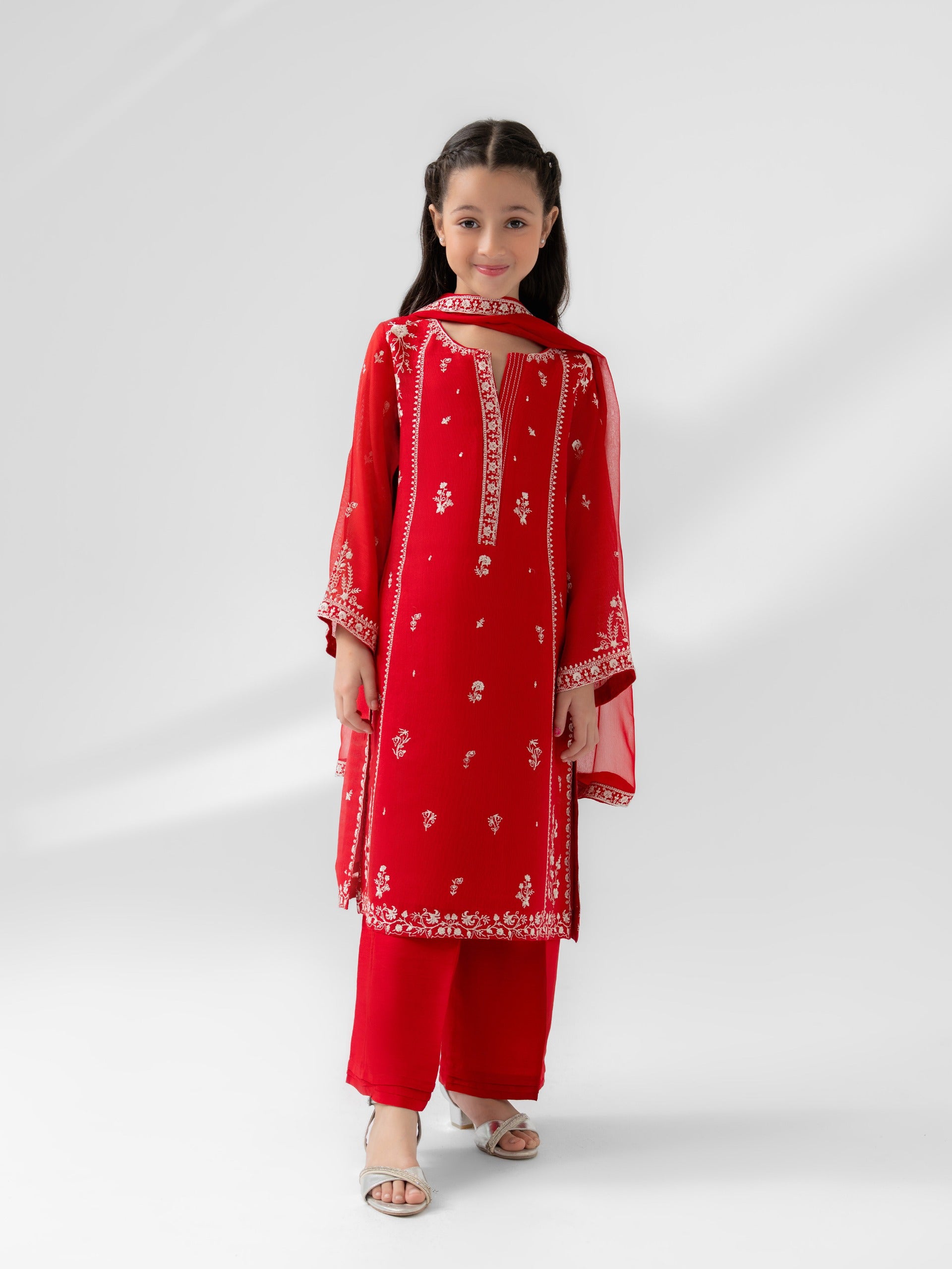 (Kids) 3 Piece - Embroidered Cotton Net Suit FKD-077 Main image