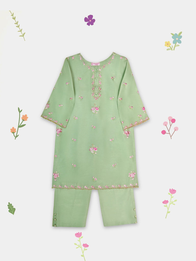 Agha Noor (Kids) 3 Piece - Embroidered Koren Silk Suit FKD073, view 1