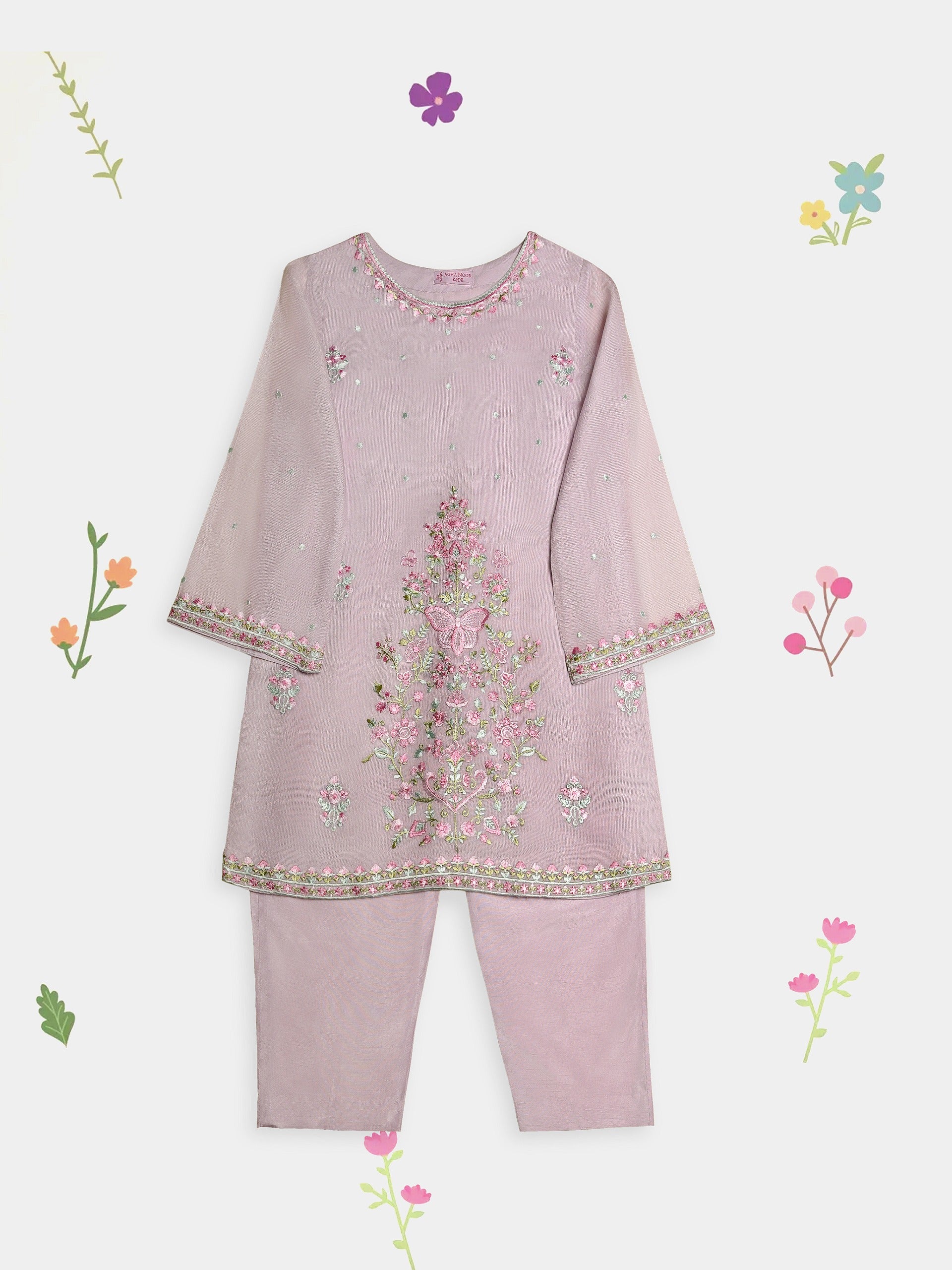 (Kids) 2 Piece - Embroidered Cotton Net Suit KD096 Main image