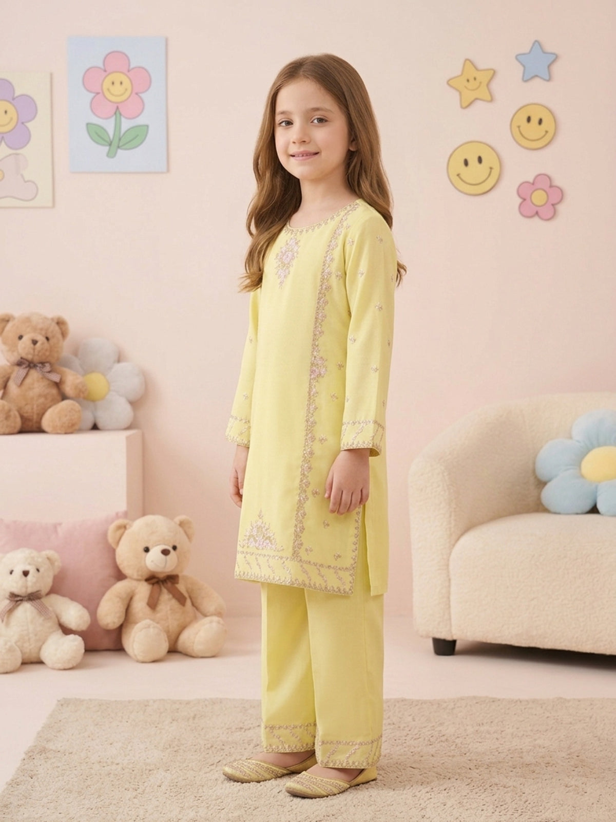 (Kids) 2 Piece - Embroidered Cambric Suit KD-013