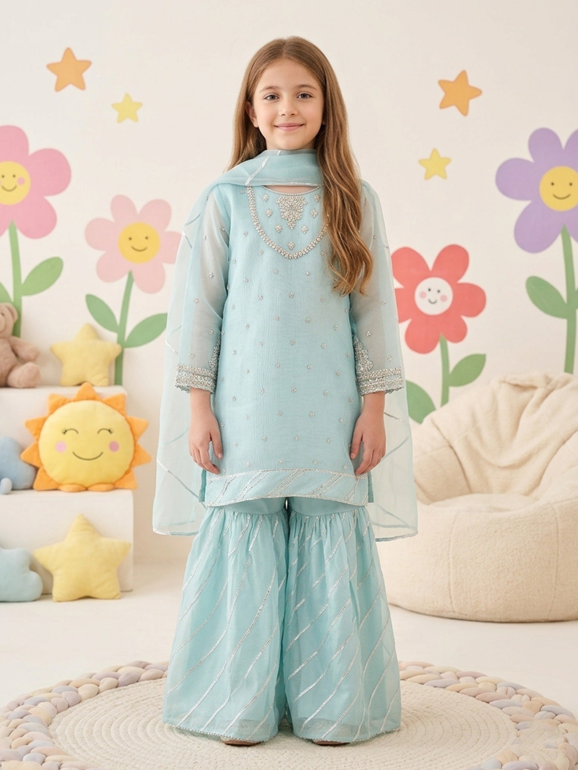 (Kids) 2 Piece - Embroidered Cotton Net Suit KD-025 Main image