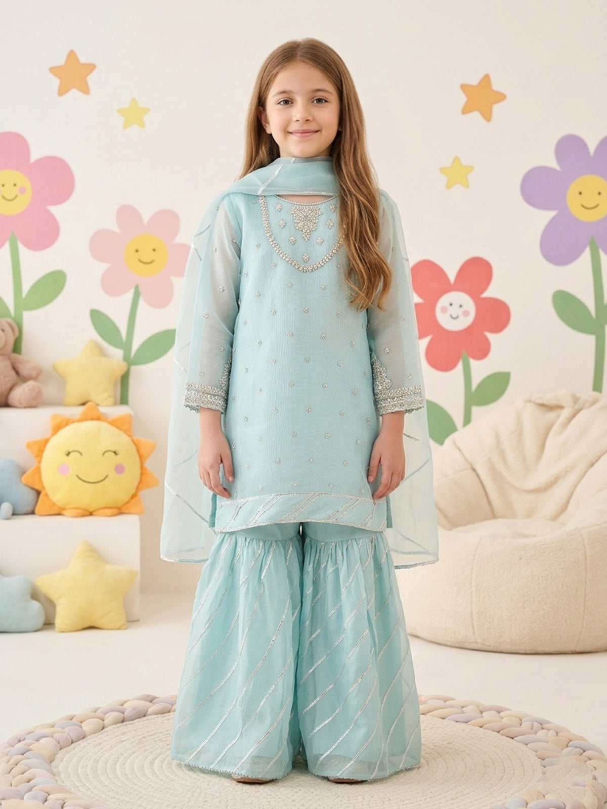 (Kids) 3 Piece - Embroidered Cotton Net Suit KD-025