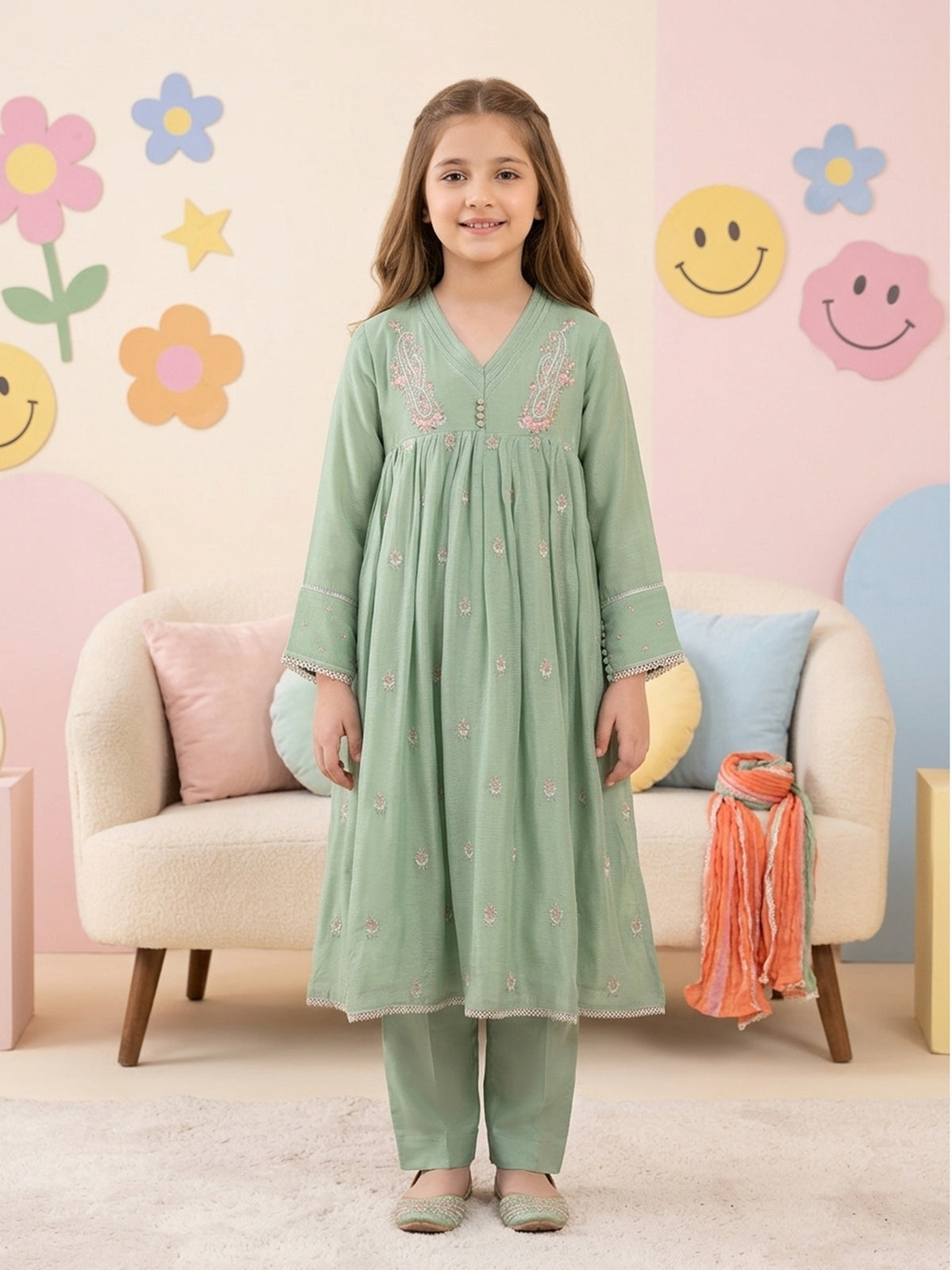 (Kids) 3 Piece - Embroidered Cotton Net Suit FKD-028