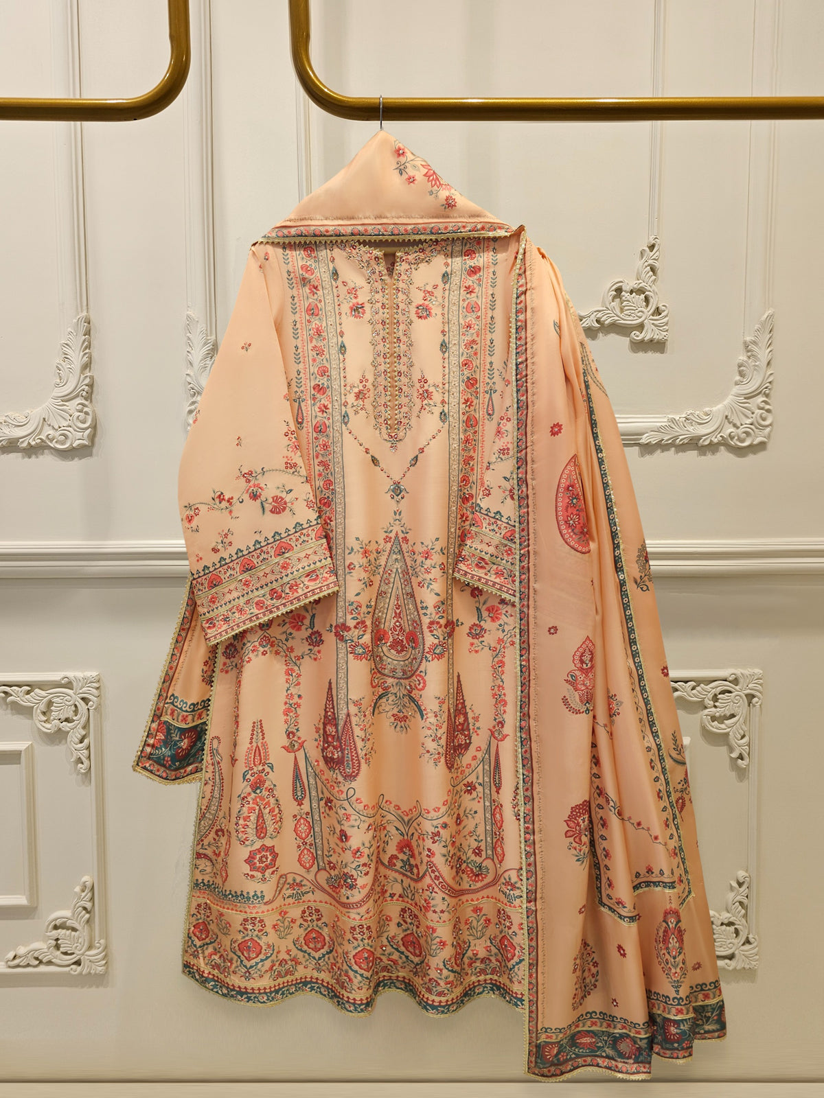 3 Piece- Pure Printed Raw Silk Embroidered Suit S114516 Main image
