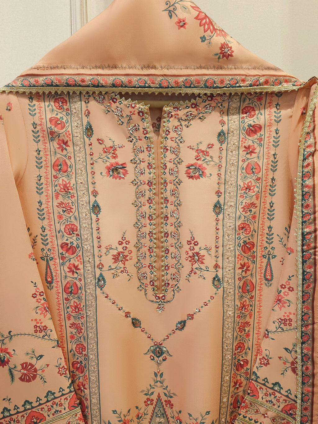 3 Piece- Pure Printed Raw Silk Embroidered Suit S114516