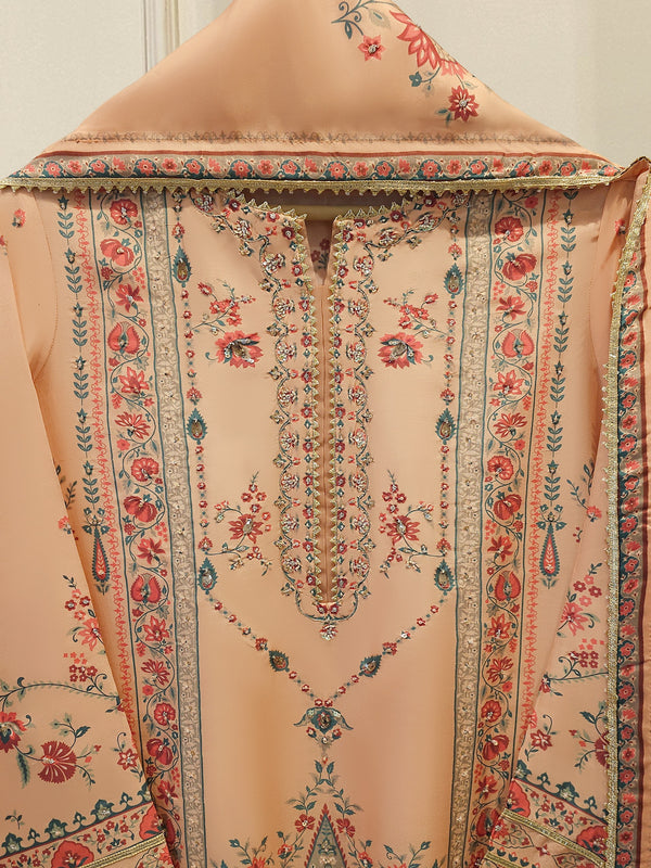 3 Piece- Pure Printed Raw Silk Embroidered Suit S114516
