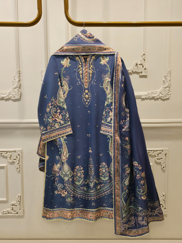 3 Piece- Pure Printed Raw Silk Embroidered Suit S114712