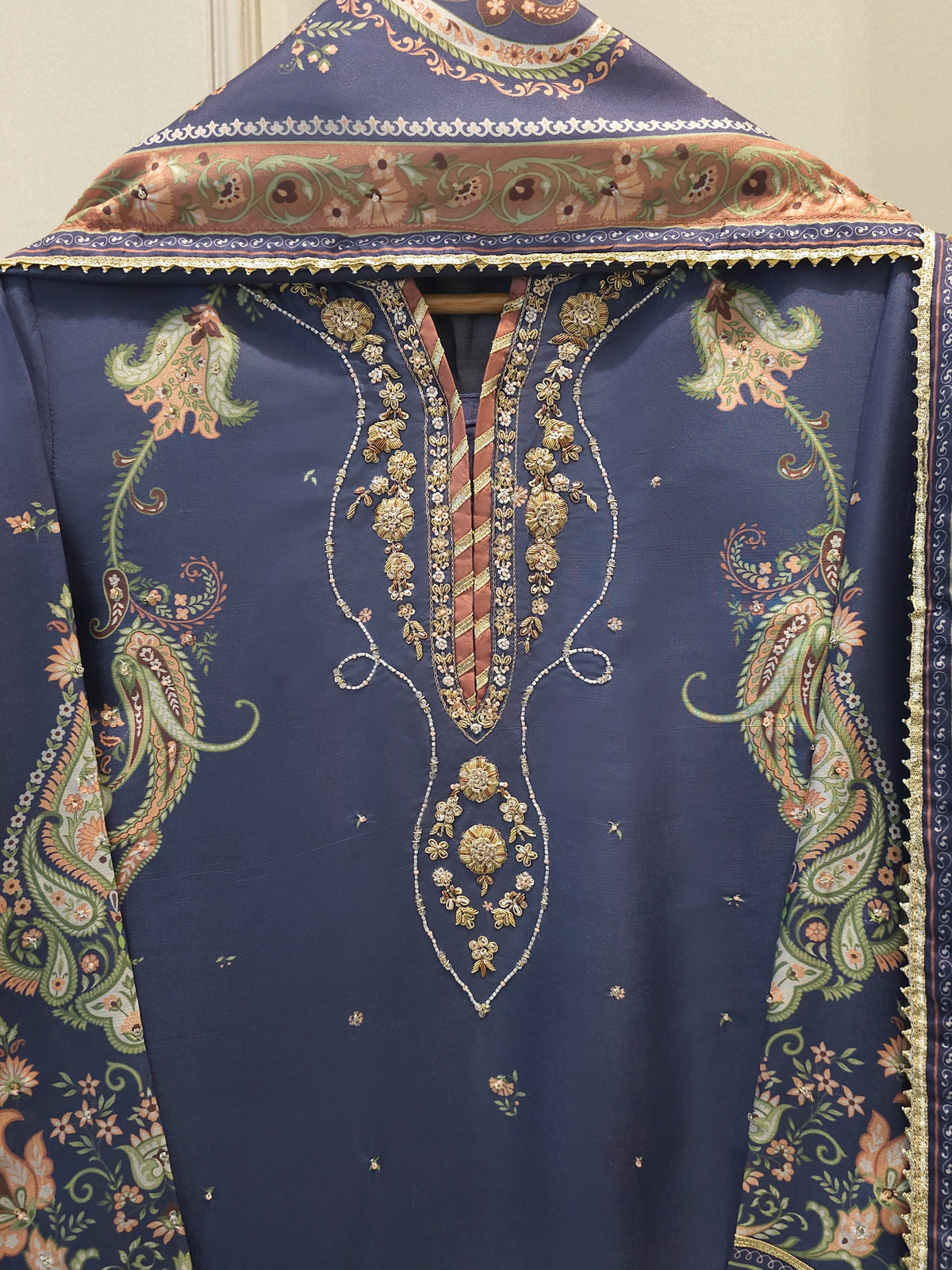 3 Piece- Pure Printed Raw Silk Embroidered Suit S114712