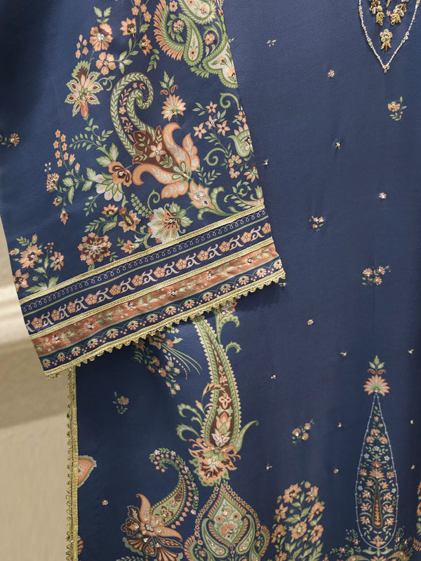3 Piece- Pure Printed Raw Silk Embroidered Suit S114712