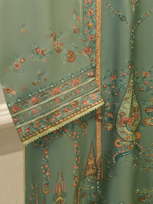 3 Piece- Pure Printed Raw Silk Embroidered Suit S114710