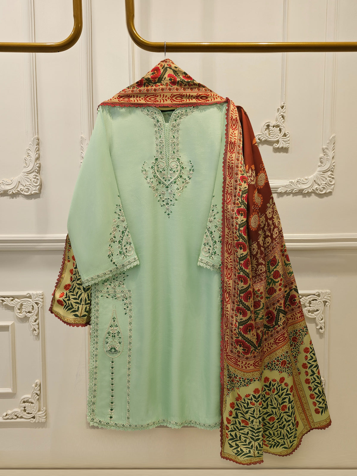 3 Piece- Pure Korean Silk Embroidered Suit S115545 Main image