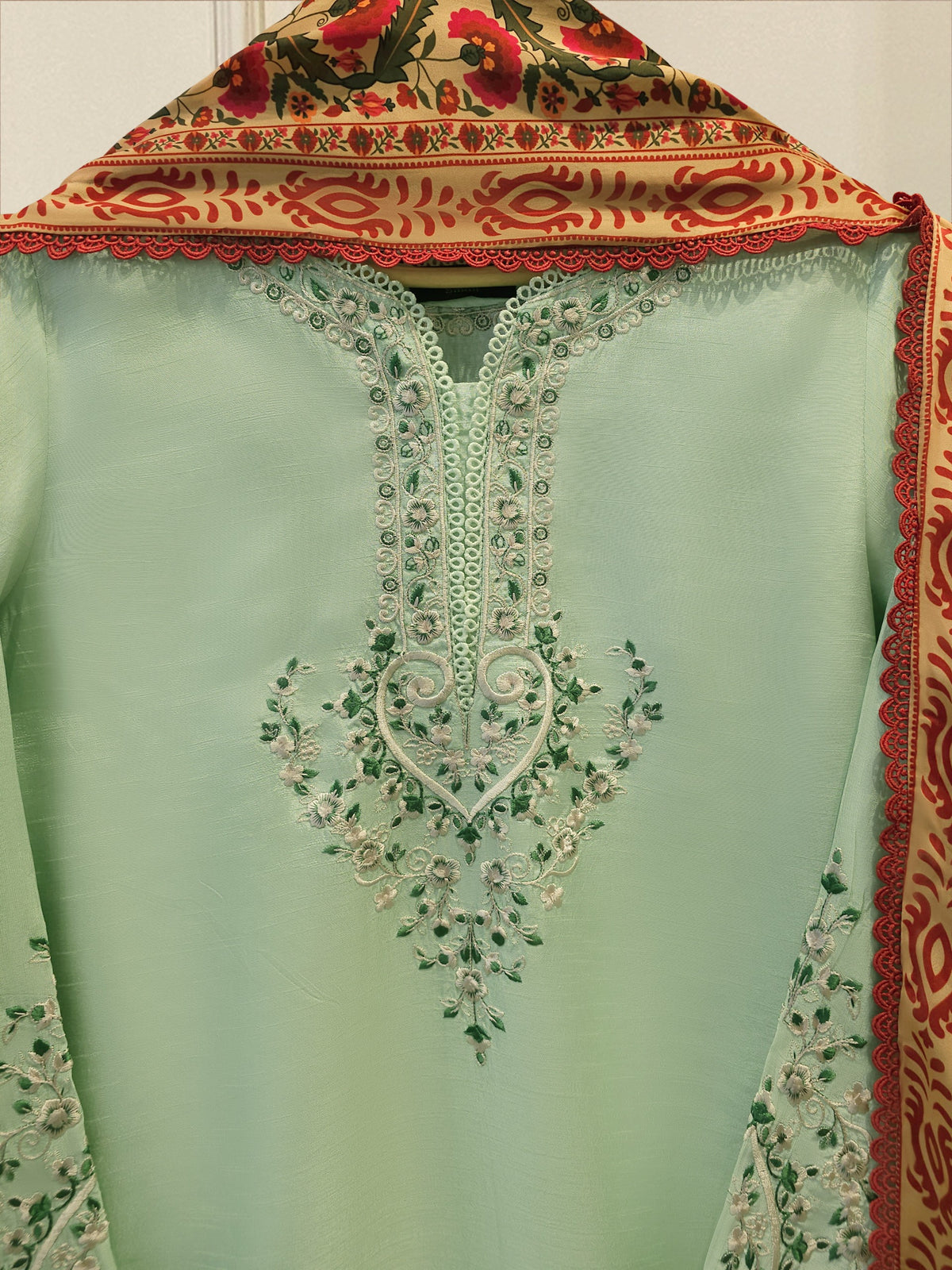 3 Piece- Pure Korean Silk Embroidered Suit S115545