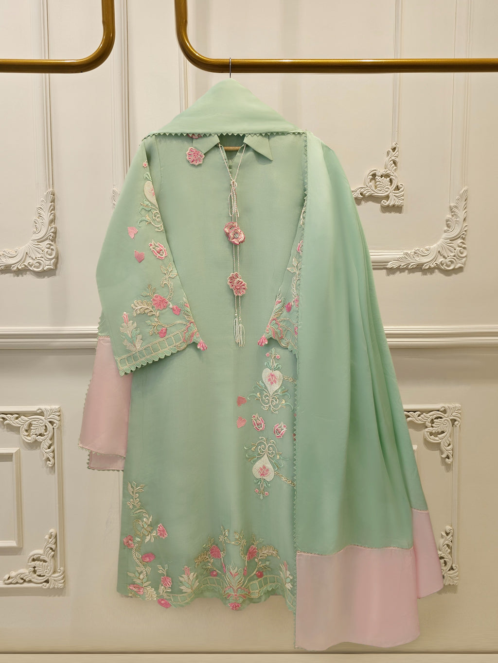 3 Piece - Pure Organza Embroidered Suit S115544