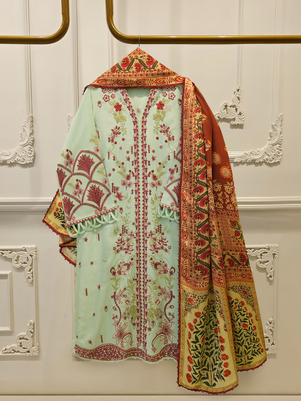 3 Piece- Pure Korean Silk Embroidered Suit S115570 Main image