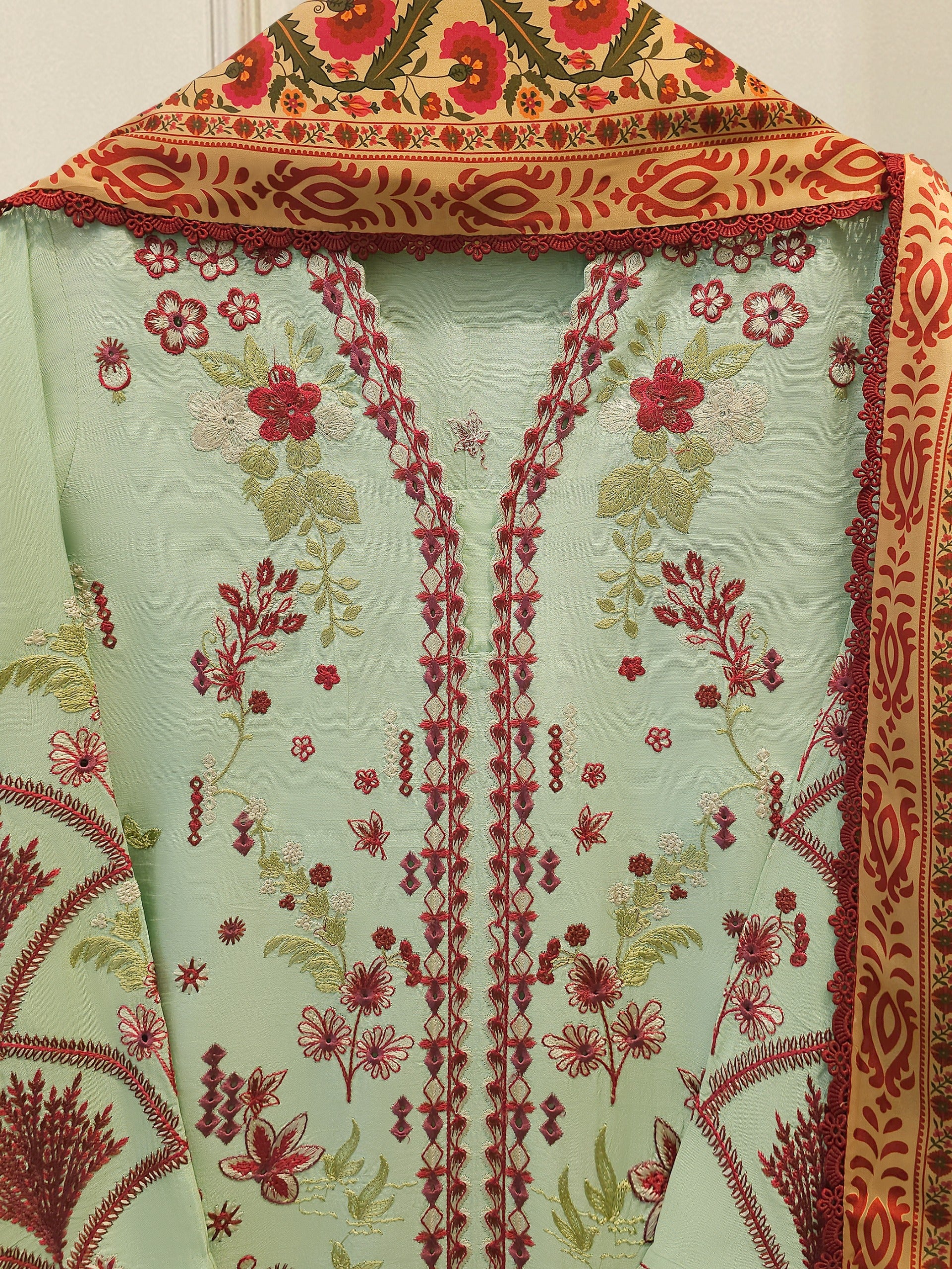 3 Piece- Pure Korean Silk Embroidered Suit S115570 Secondary image