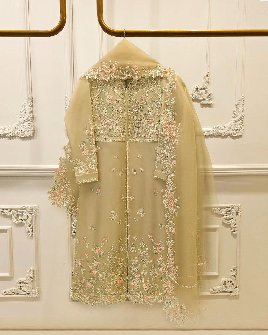 3 Piece - Pure Organza Embroidered Suit S115730