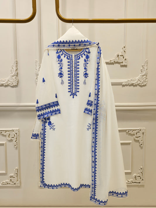 3 Piece - Pure Embroidered Cotton Net Suit S112057