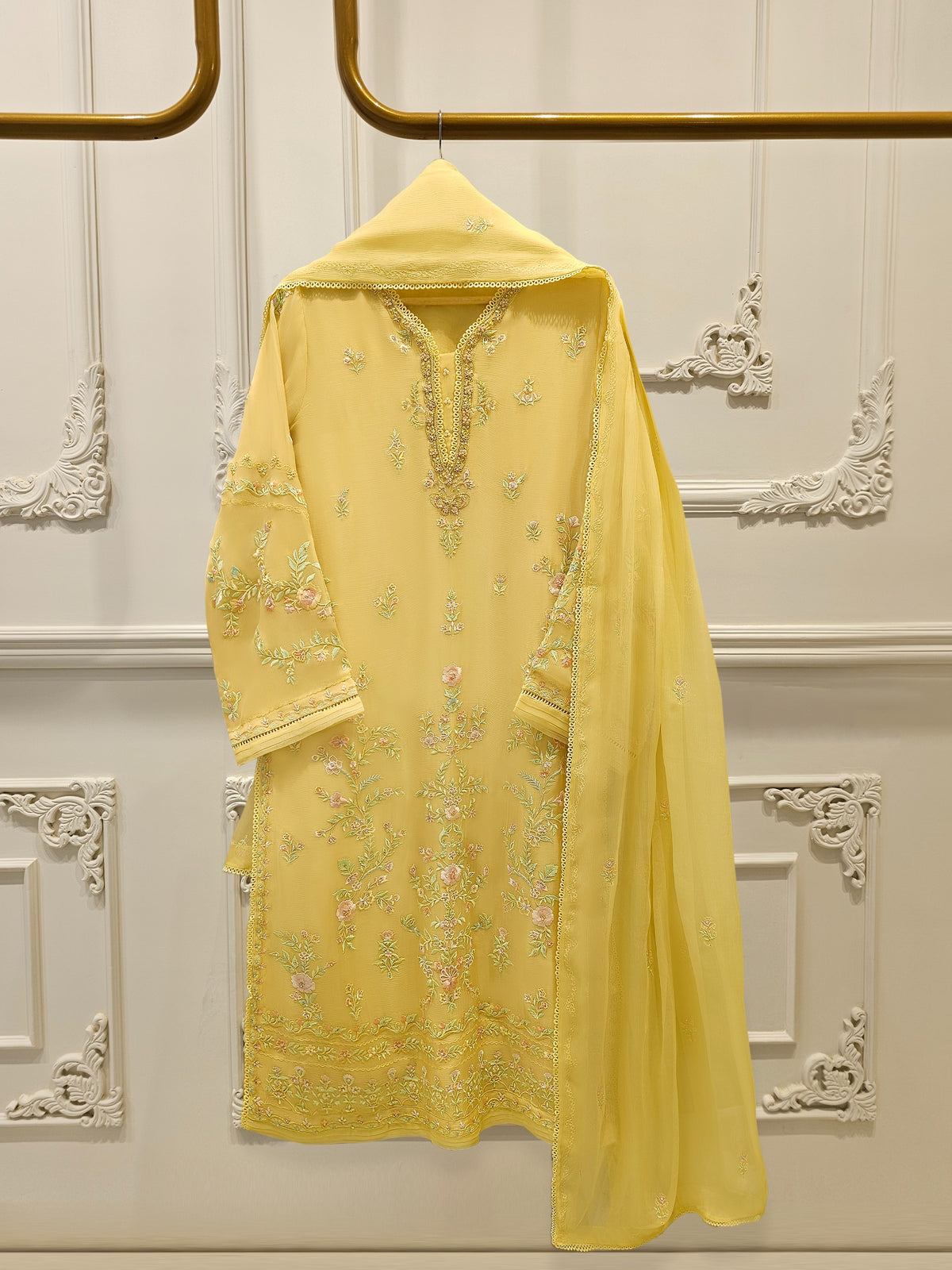 3 Piece - Pure  Chiffon Embroidered Suit S112395