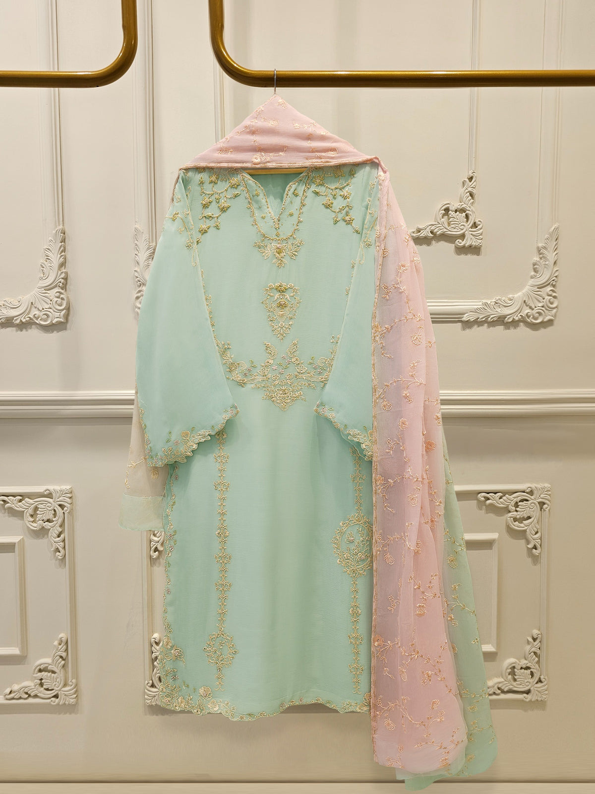 3 Piece - Pure  Chiffon Embroidered Suit S112689