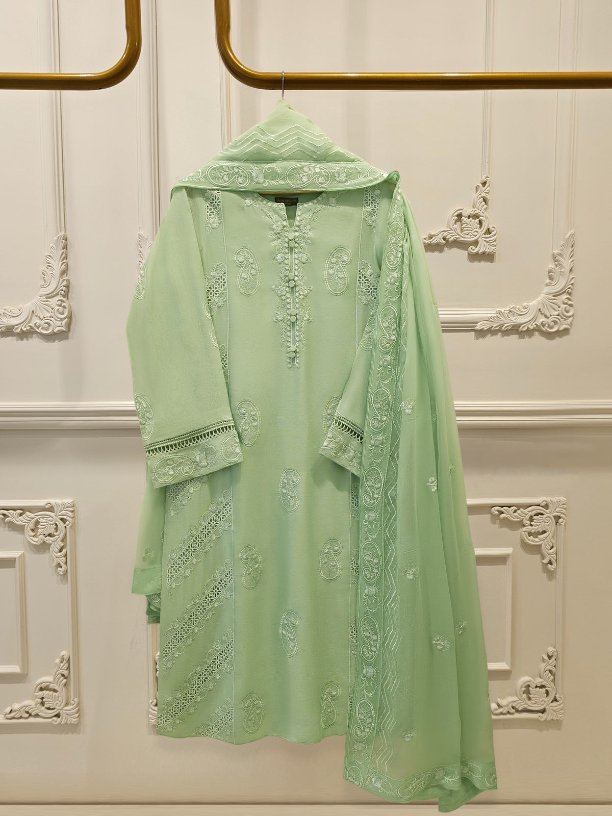 3 Piece - Pure Embroidered Cotton Net Suit S112808
