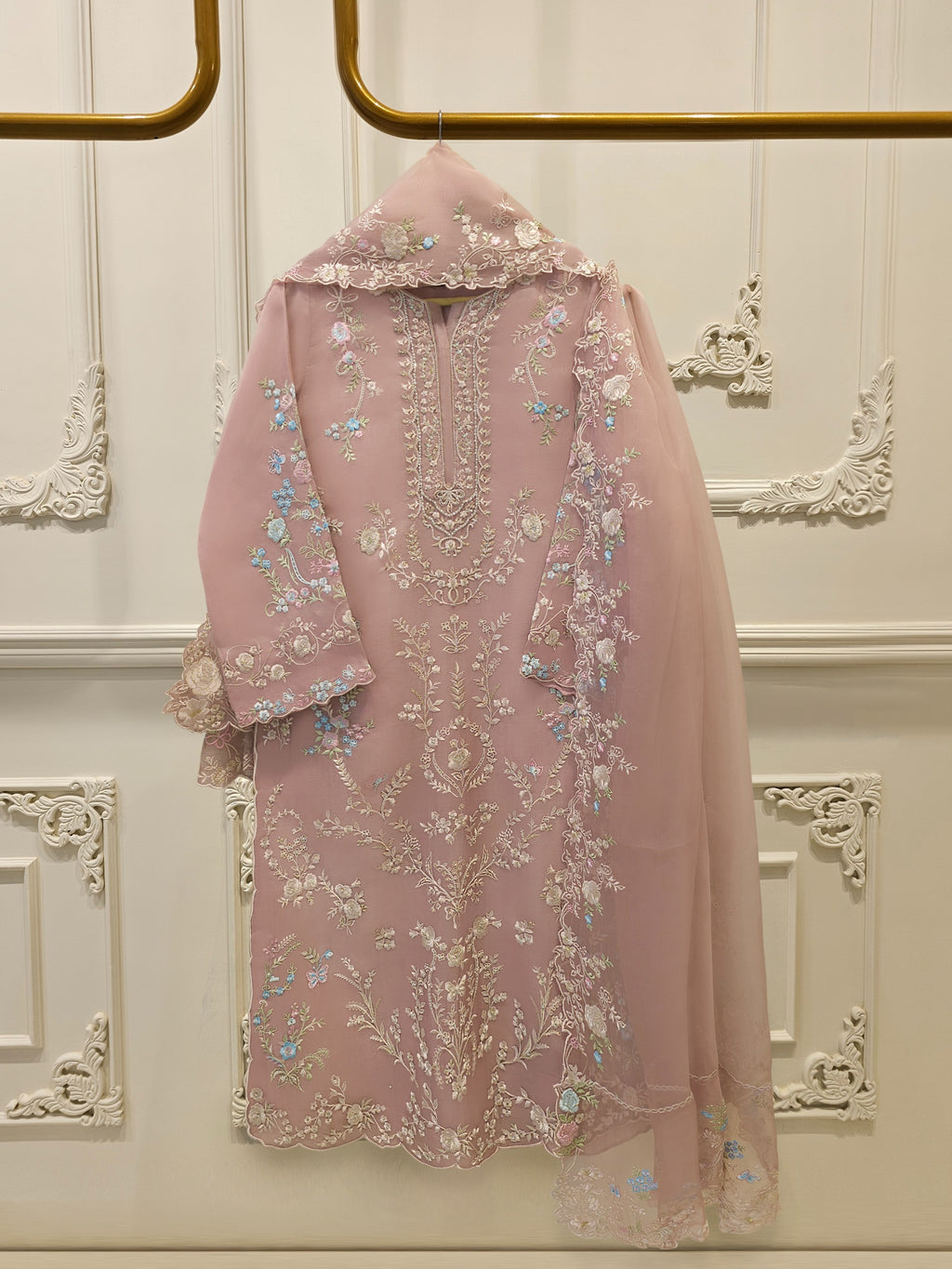 3 Piece - Pure Organza Embroidered Suit S114272