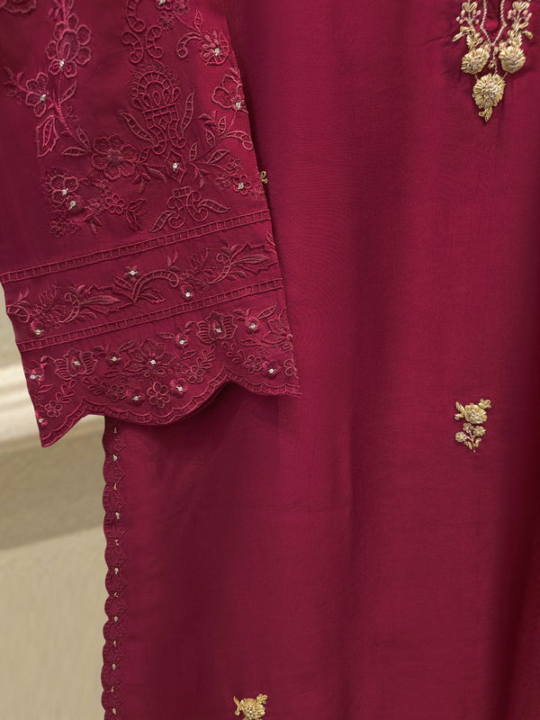 3 Piece- Pure  Sheesha Silk Embroidered Suit S115228
