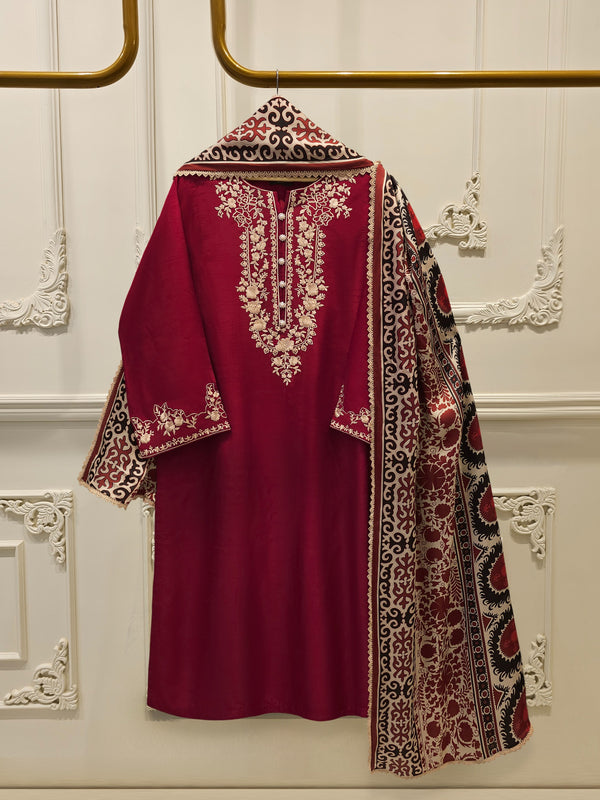 3 Piece- Pure  Korean Silk Embroidered Suit S115376