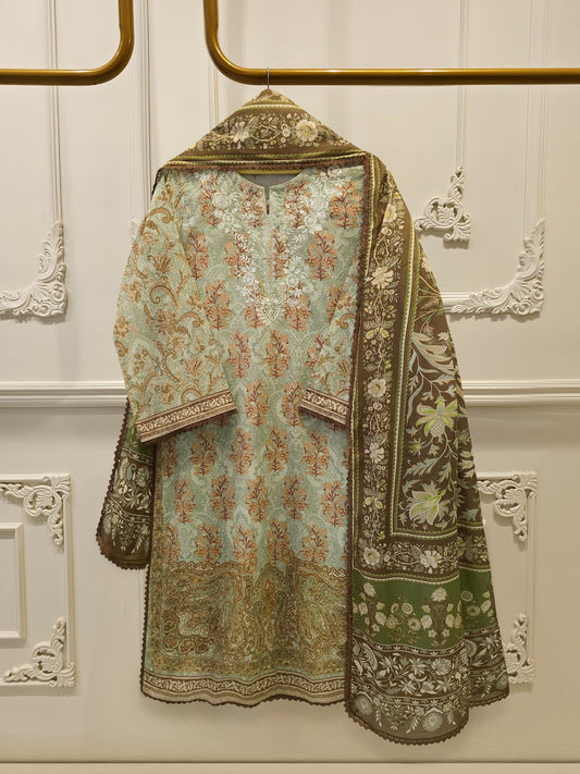 2 Piece -Digital Printed  Embroidered Cambric Suit S115065