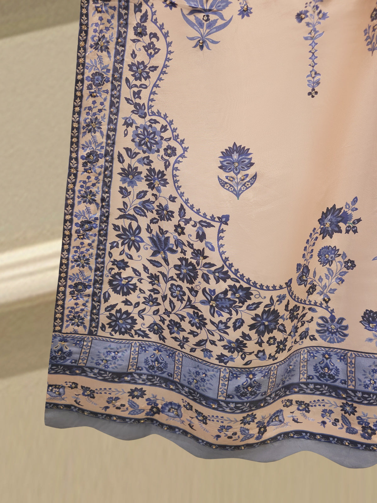 2 Piece Pure Printed Khaddi Silk – Peach & Blue Floral Suit S115547