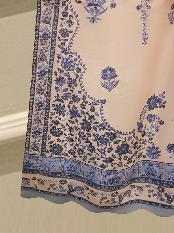 2 Piece Pure Printed Khaddi Silk – Peach & Blue Floral Suit S115547
