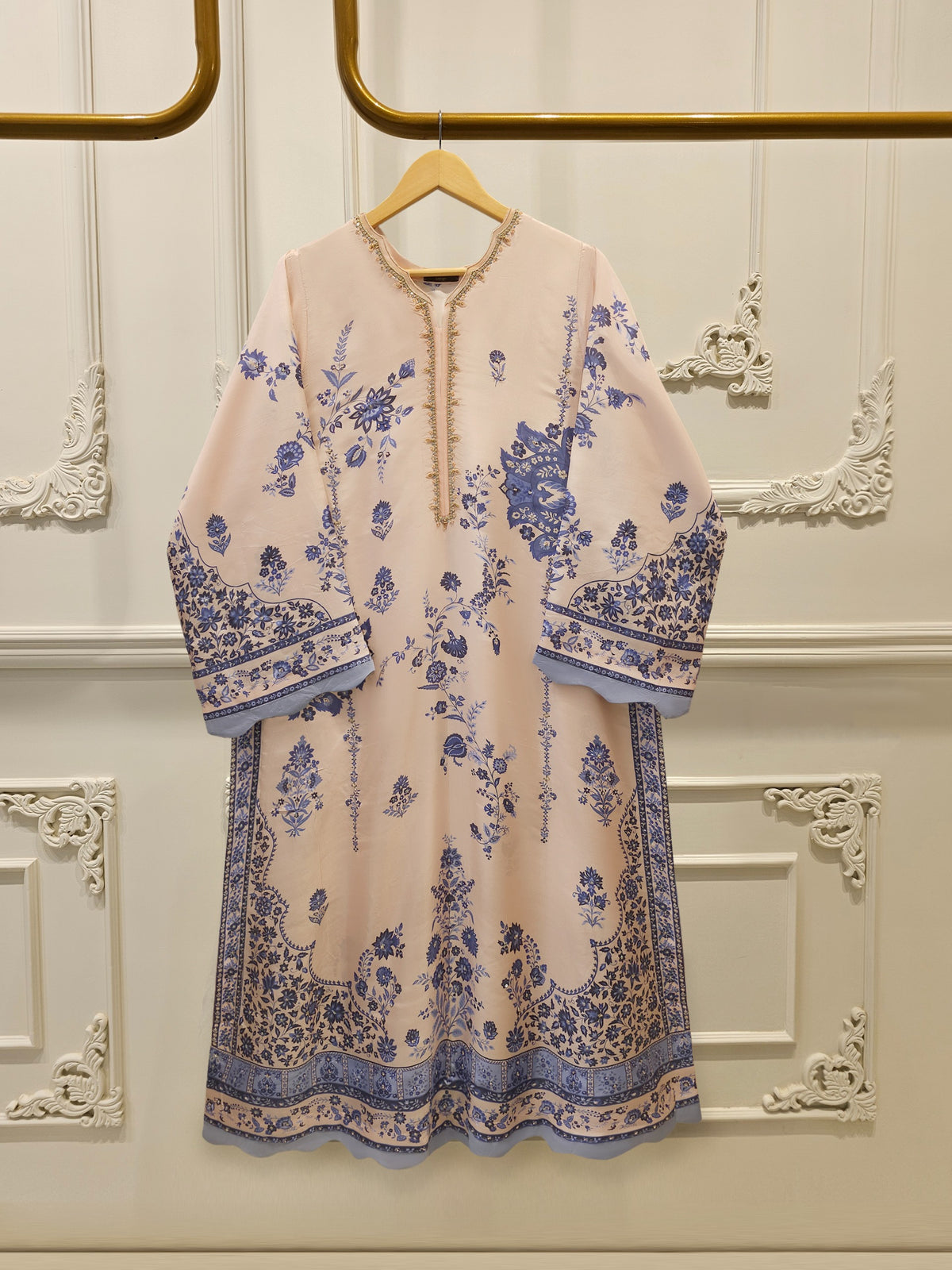 2 Piece Pure Printed Khaddi Silk – Peach & Blue Floral Suit S115547 Main image