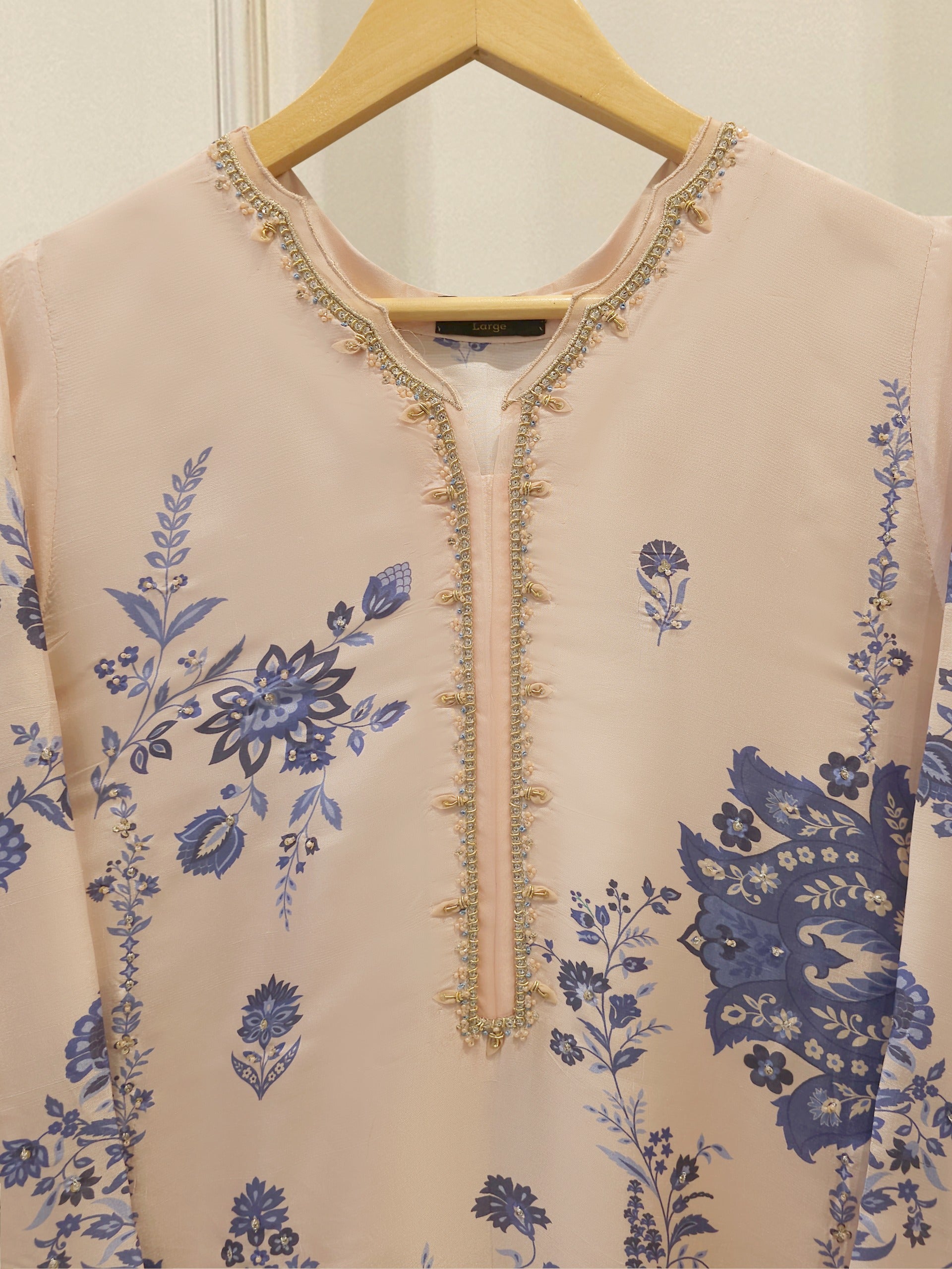 2 Piece Pure Printed Khaddi Silk – Peach & Blue Floral Suit S115547 Secondary image